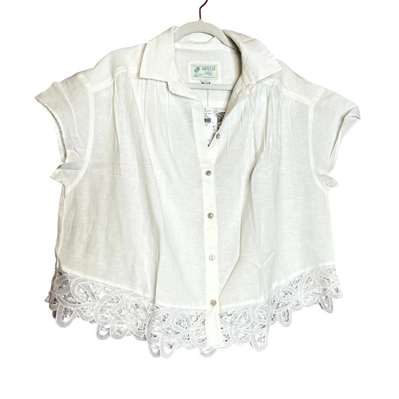 American Eagle White Lace Cutout Button Up Shirt Cotton Linen Women Small NWT - Picture 2 of 9